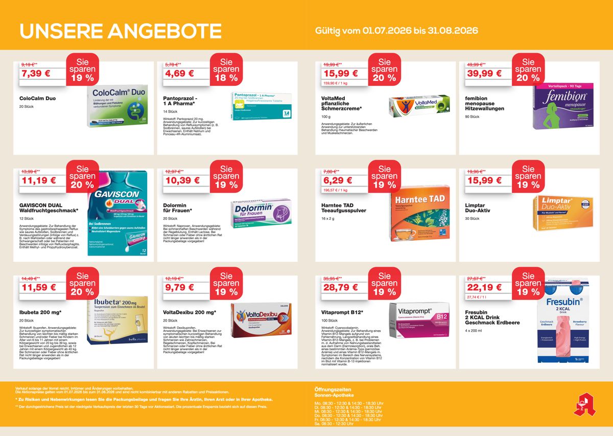 Angebotsübersicht der Sonnen-Apotheke Gärtringen mit Winter-Aktionspreisen für Erkältungsmedikamente, Rabatt-Gutscheinen sowie QR-Code zur Online-Vorbestellung über die Apotheke